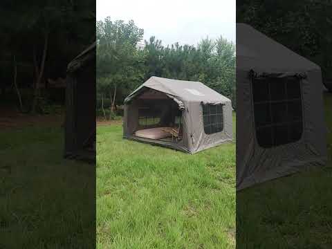 Green 6-8 person large inflatable tent quick setup video with mesh windows in outdoor grassy camping site