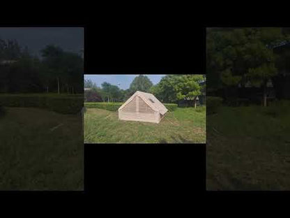 Watch full setup in under 3 minutes: 12 sqm inflatable air tent with double doors and two large skylights, 300D waterproof fabric, 6-8 person capacity, quick pitch blow up tent for family camping and glamping