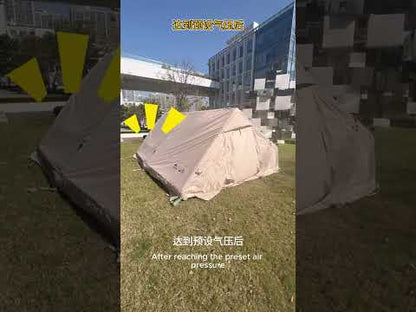 Boertala GR-132 high-pressure electric pump automatically inflating a beige camping tent outdoors on grass