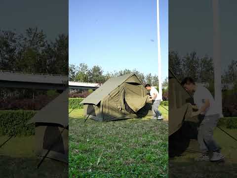 Army green 6+6㎡ TC polycotton inflatable tent quick setup video with double AB doors and black vinyl pole canopy outdoors