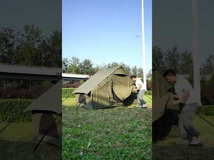 Army green 6+6㎡ TC polycotton inflatable tent quick setup video with double AB doors and black vinyl pole canopy outdoors