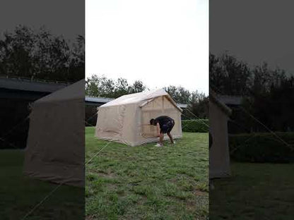 Khaki beige 6-8 person large inflatable tent quick setup video with person inflating in outdoor grassy field